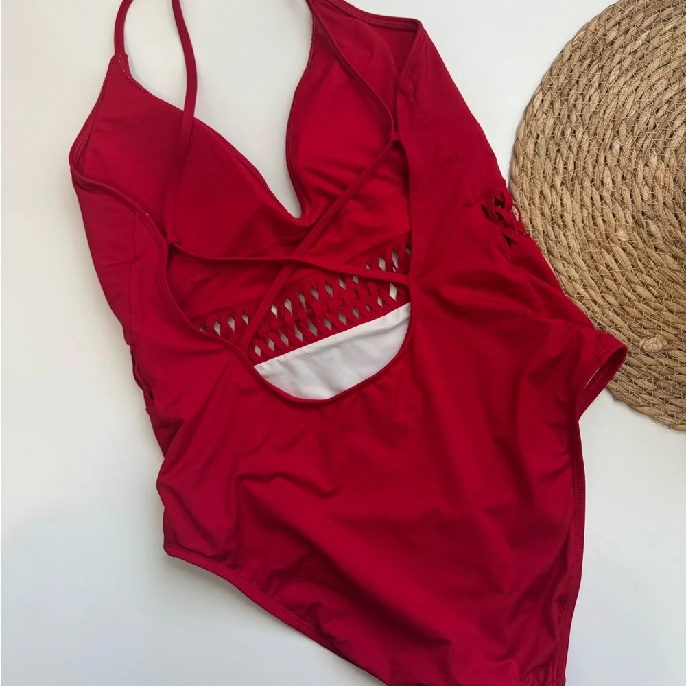 Kenneth Cole Red One-Piece Swimsuit with Plunging‎ V-Neck Size Large